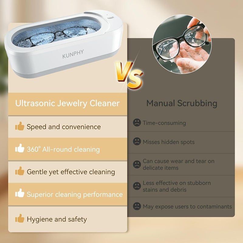 KUNPHY Ultrasonic Jewelry Cleaner, Jewelry Cleaner Machine 12oz 46KHz, Professional Sonic Cleaner with One-Touch Operation, Sonic Cleaner for Rings, Glasses, Jewelry, Dentures White - Image 3